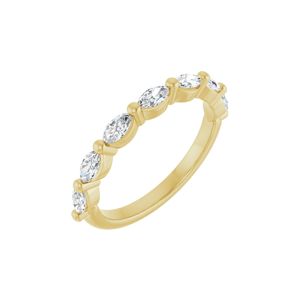 Marquise Gaze wedding band in 14kt yellow gold with prong set marquise diamonds, perspective view