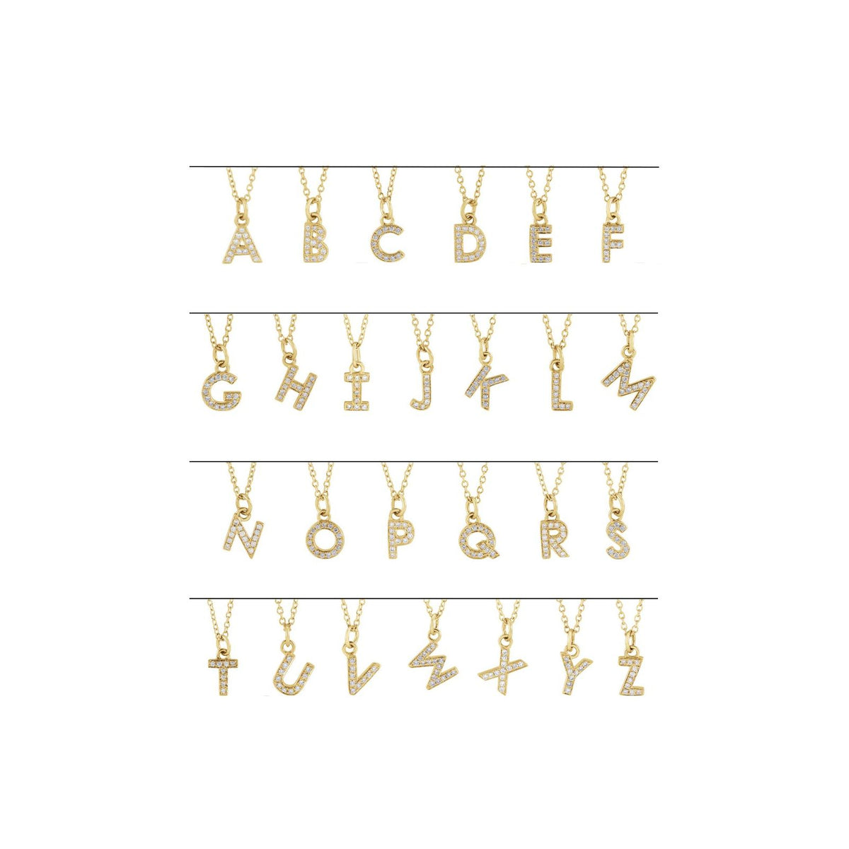 All 26 tiny diamond initial necklace letters, A through Z, in 14kt yellow gold