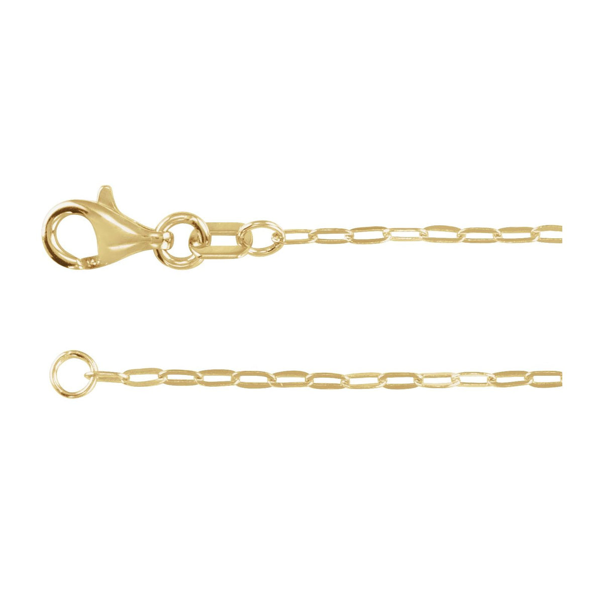 Close up of 14kt yellow gold 1.25mm paperclip chain with lobster clasp