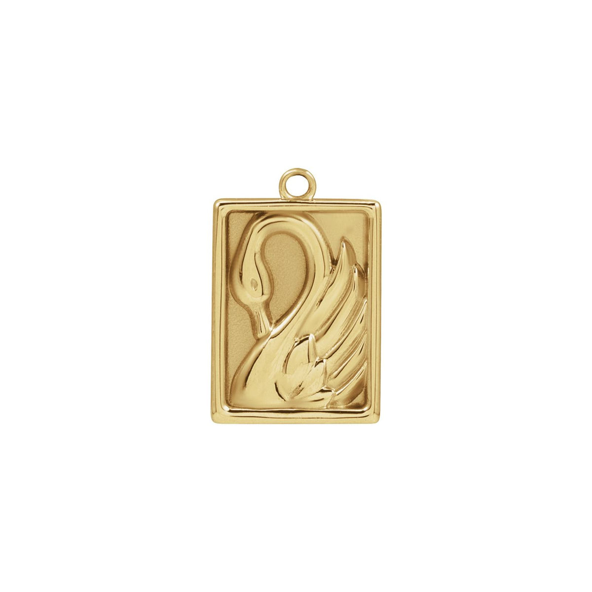 14kt yellow gold rectangular pendant with a raised swan design, front view