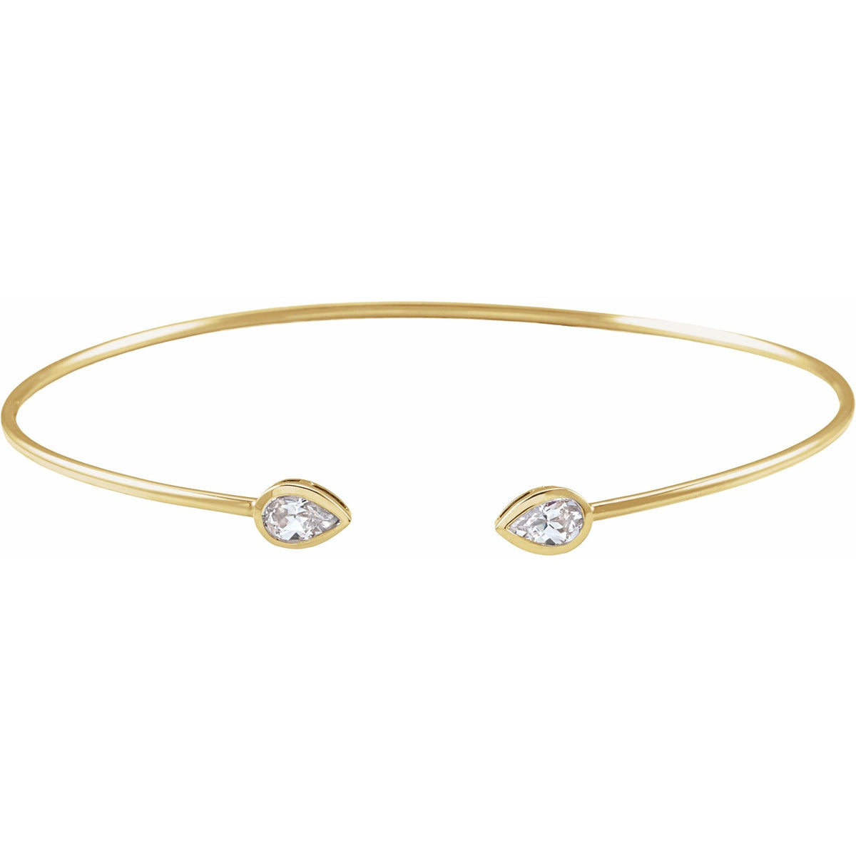 Pear Dew Drop Cuff Bracelet by Lane & Kate, 14kt yellow gold open cuff with two bezel set pear diamonds, front view