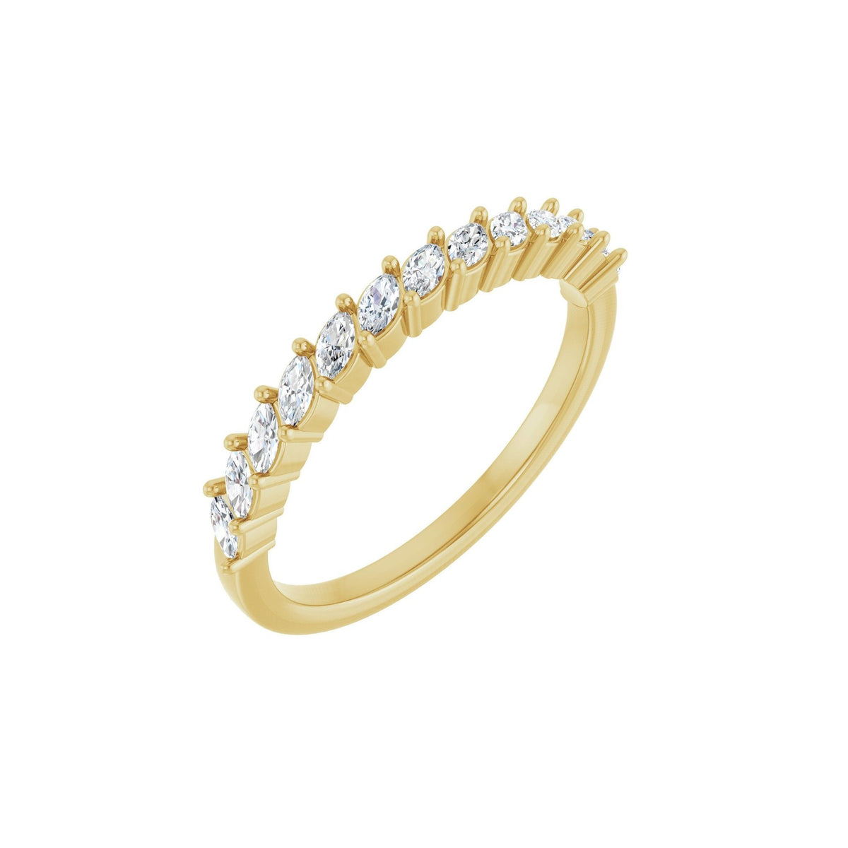 BB Marquise Eros wedding band in 14kt yellow gold with prong set marquise diamonds, perspective view