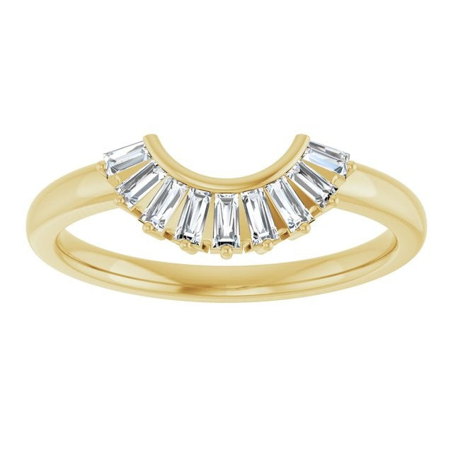 Baguette Rivers Contour Wedding Band, front view of tapered baguette diamond arc