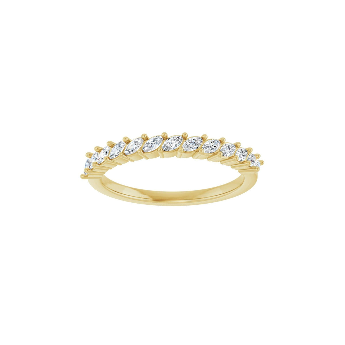BB Marquise Eros wedding band in 14kt yellow gold with prong set marquise diamonds, front view