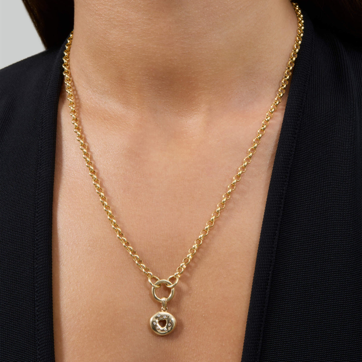 Stone & Strand Gold Bagel Brunch Charm worn on model