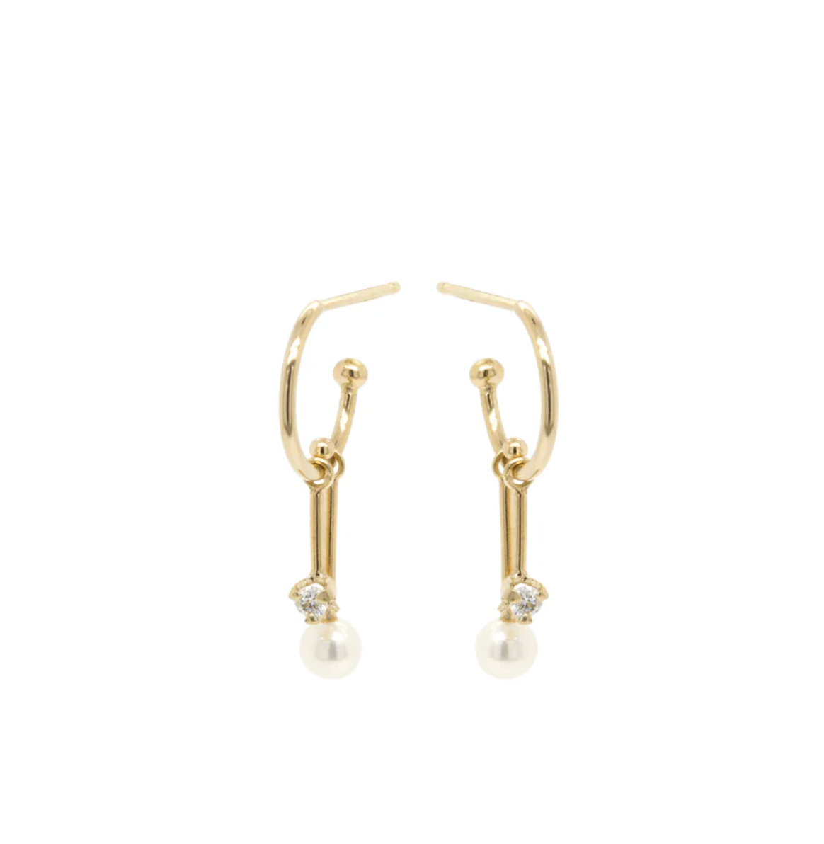 14KT DANGLING DIAMOND & TINY PEARL BAR THIN HUGGIE HOOPS