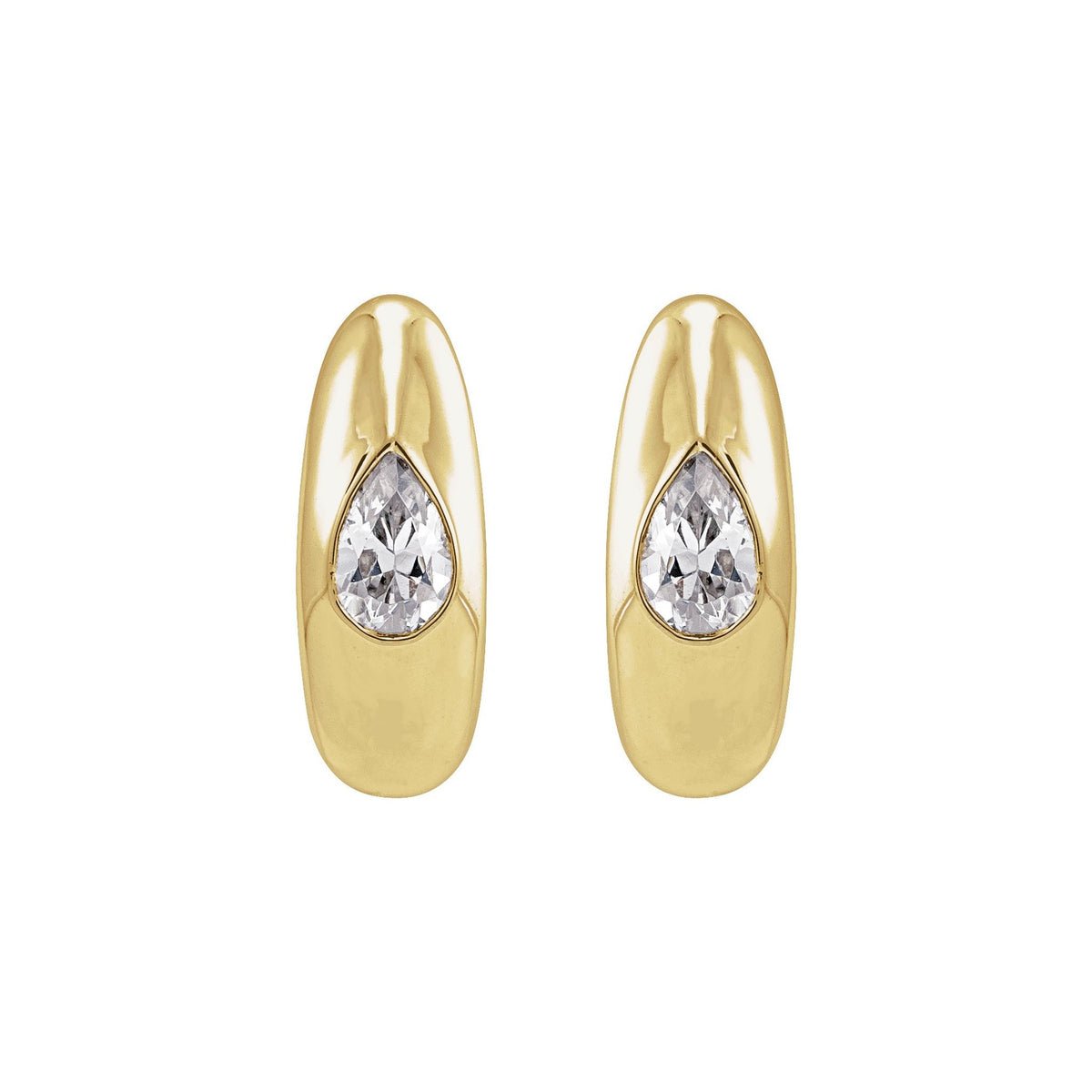 Pear Dewdrop Huggies in 14kt yellow gold with bezel set lab grown pear diamonds, front view