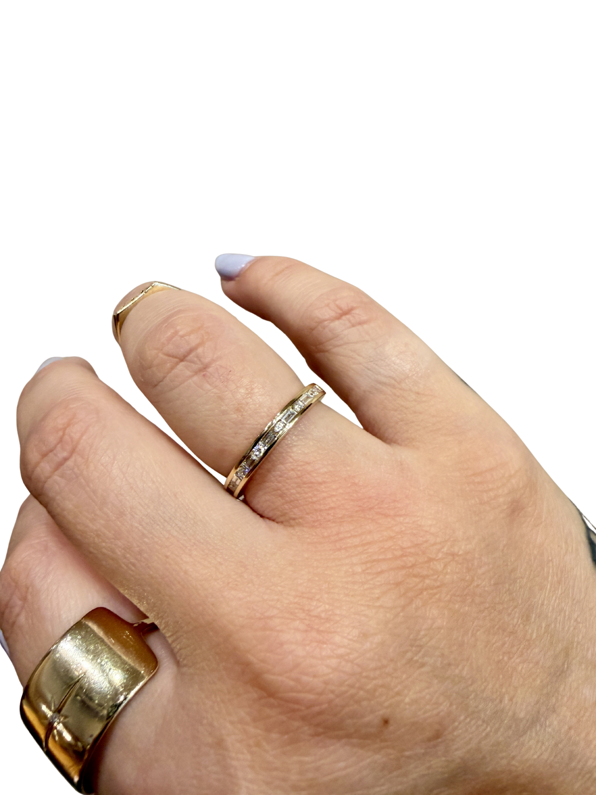 Baguette Rivulet Wedding Band by Lane & Kate, baguette and round diamond band worn on the hand