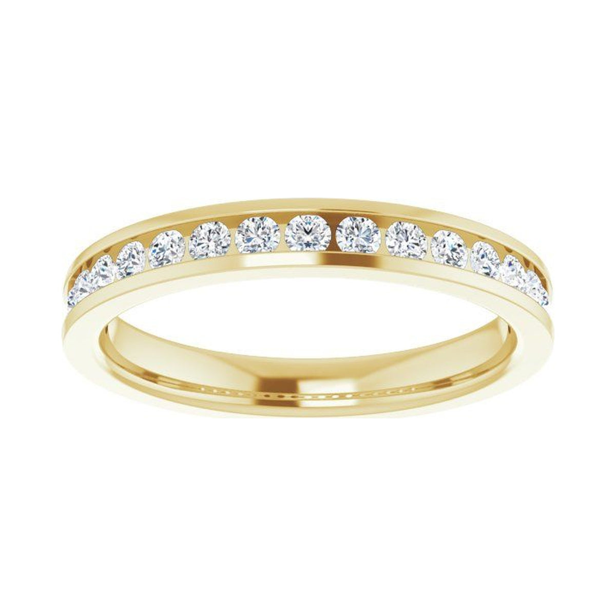 Channel Divina wedding band in 14kt yellow gold with channel set round diamonds, front view