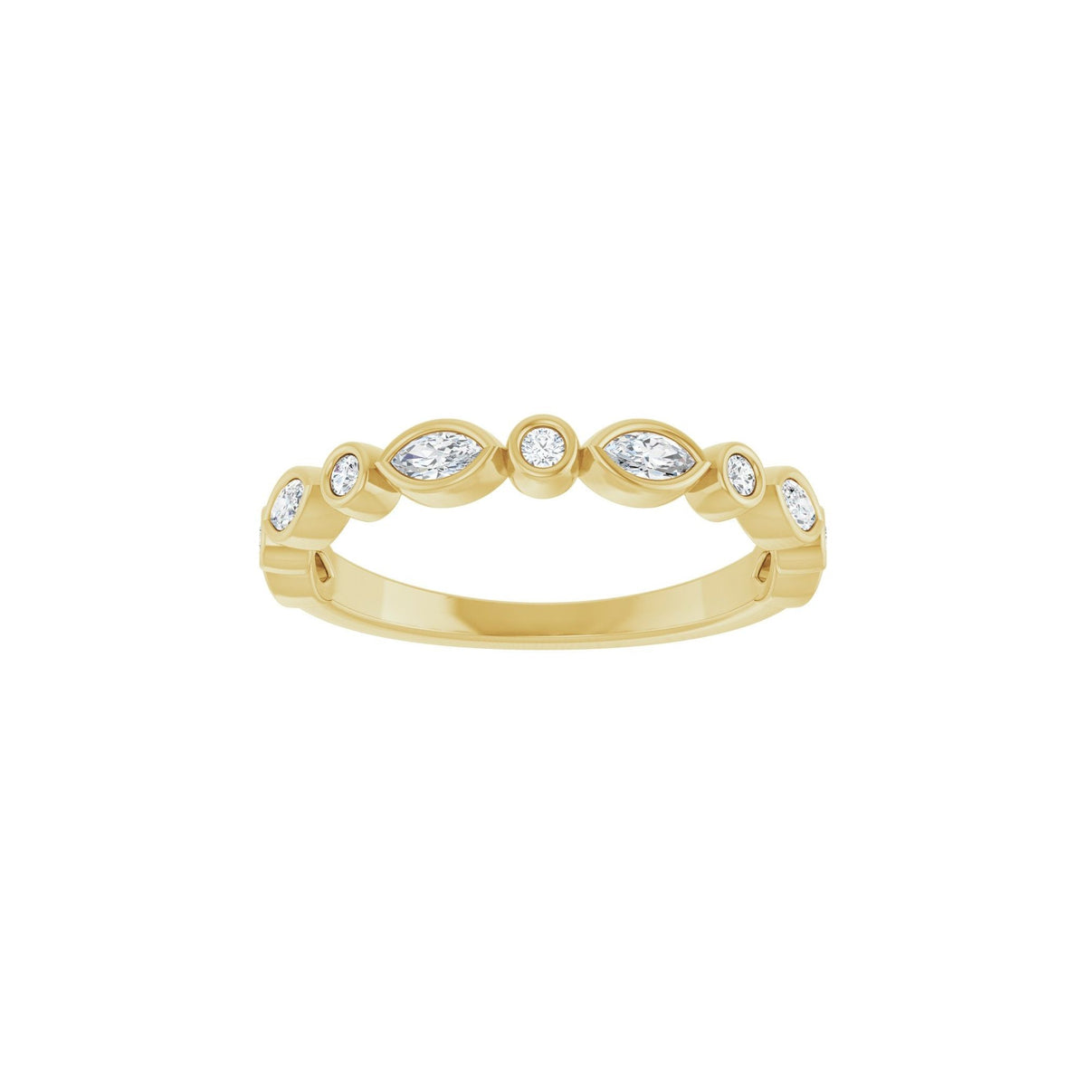 Diamond Harmony wedding band in 14kt yellow gold with marquise and round diamonds, front view