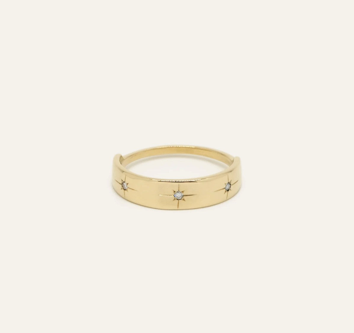 Luna Band with three star set diamonds in 14kt yellow gold, product view 1