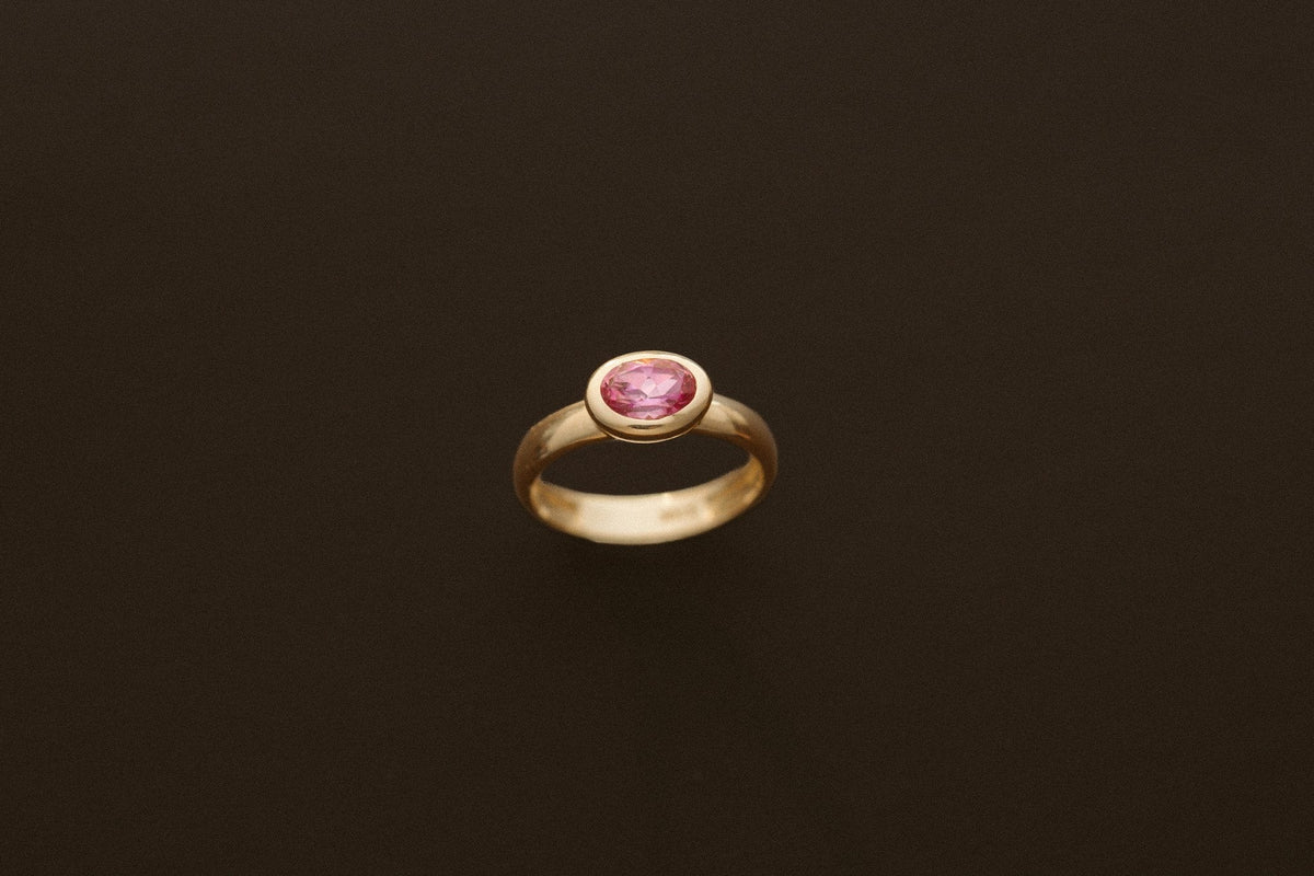 Stone & Strand Magenta Gallant Ring with pink topaz in 10kt yellow gold