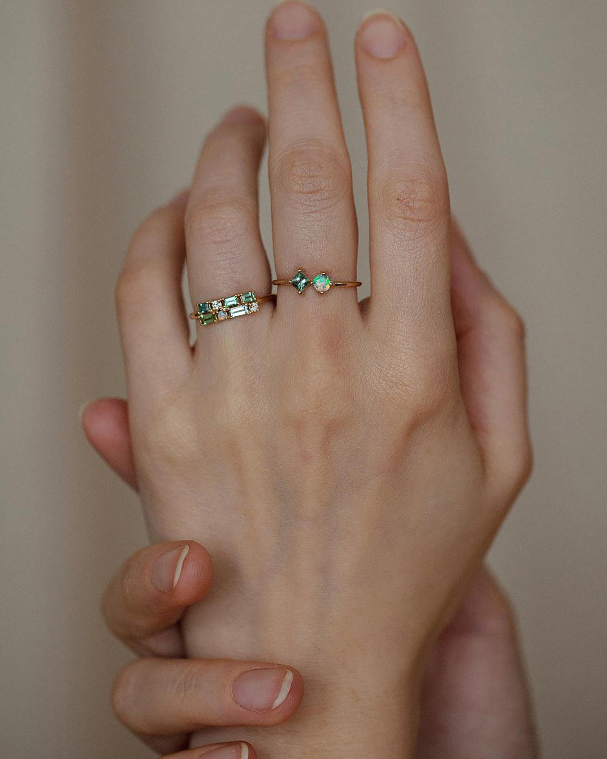 Tourmaline & Diamond Brickwork Ring worn on the hand with a stacking ring