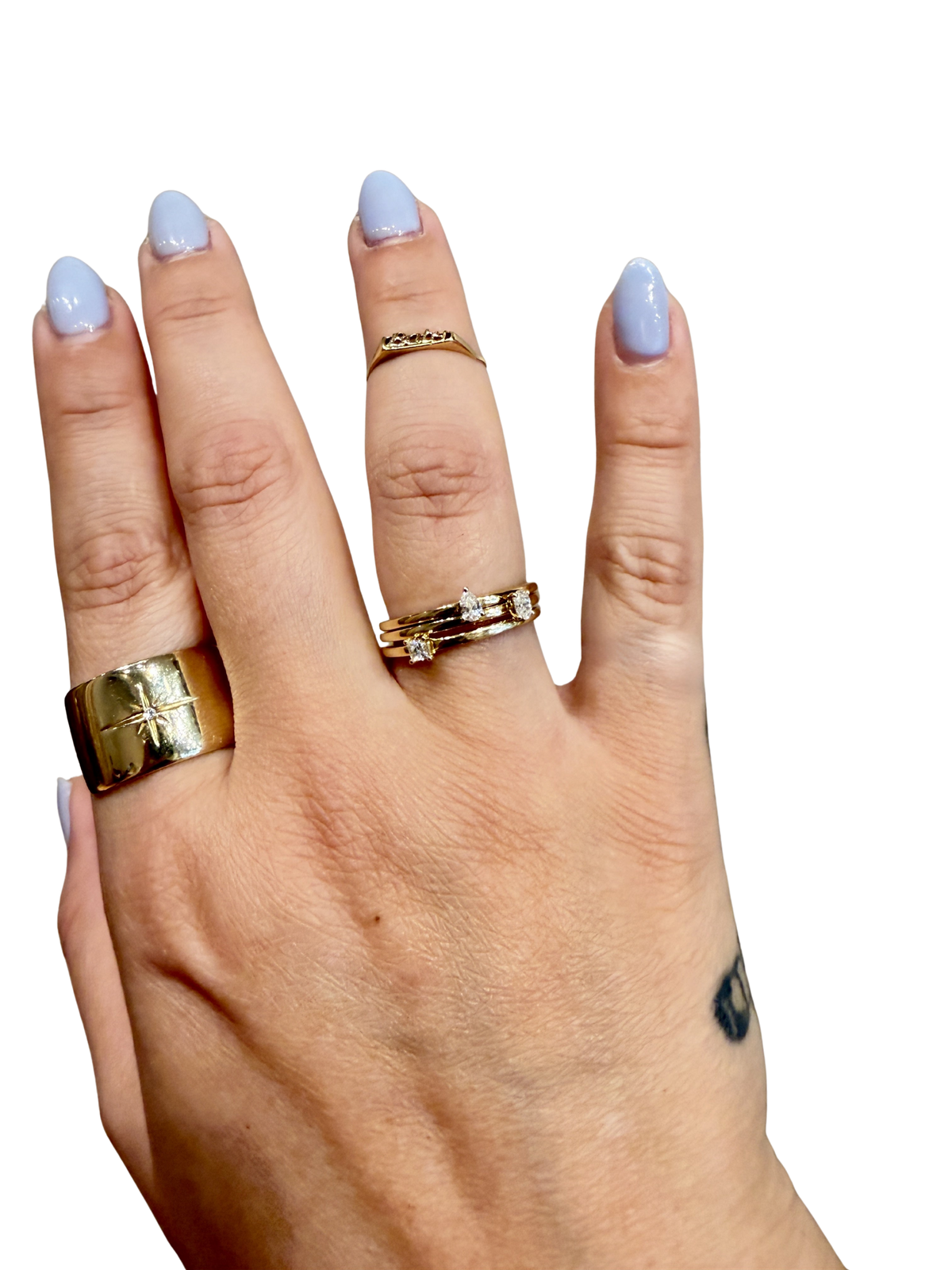 Fancy Diamond Stacking Ring by Stone & Strand, pear, princess and oval diamonds worn on the hand