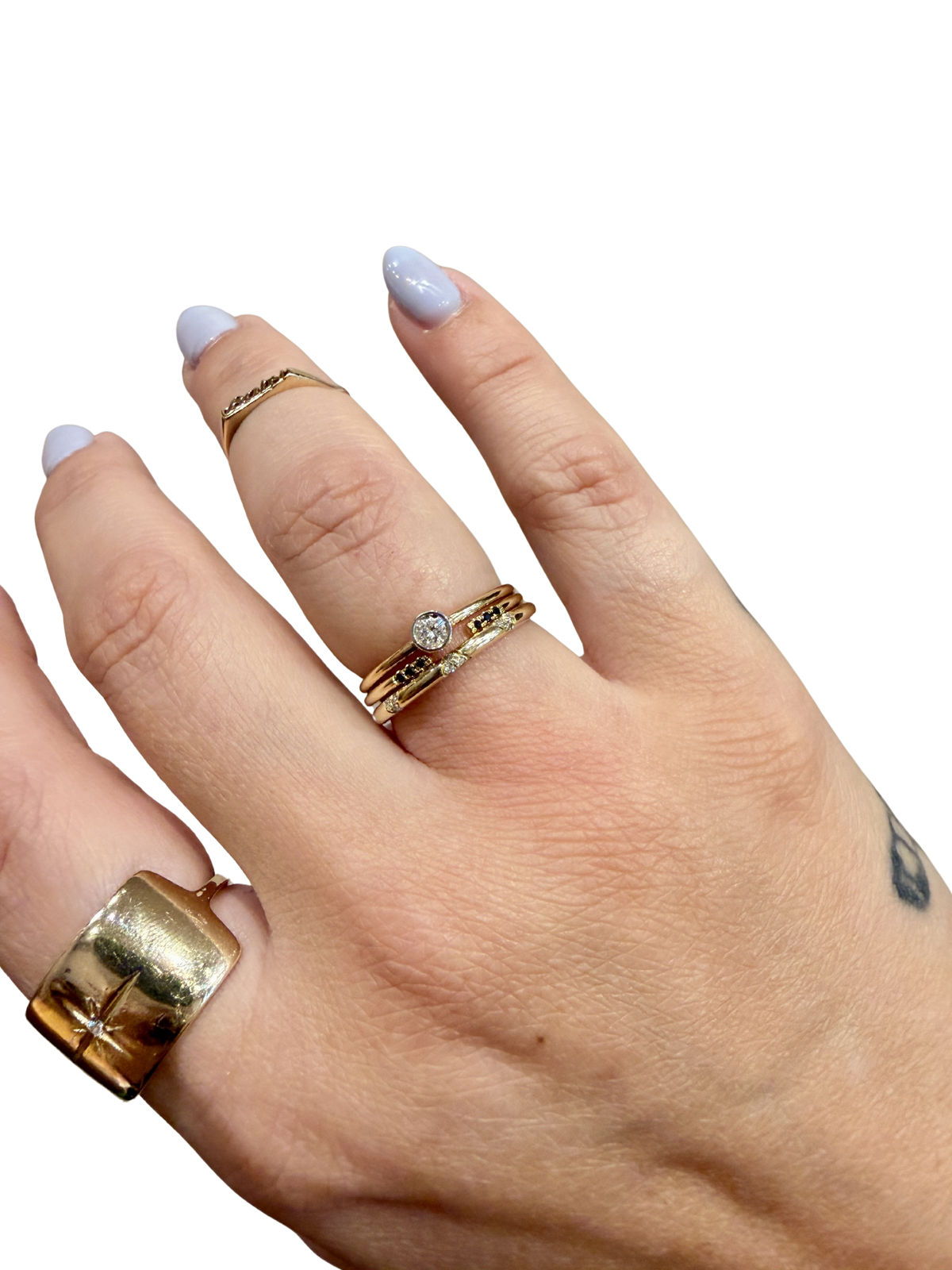Diamond Neo Gold Wedding Band by Jennie Kwon worn with the Solo Diamond Ring
