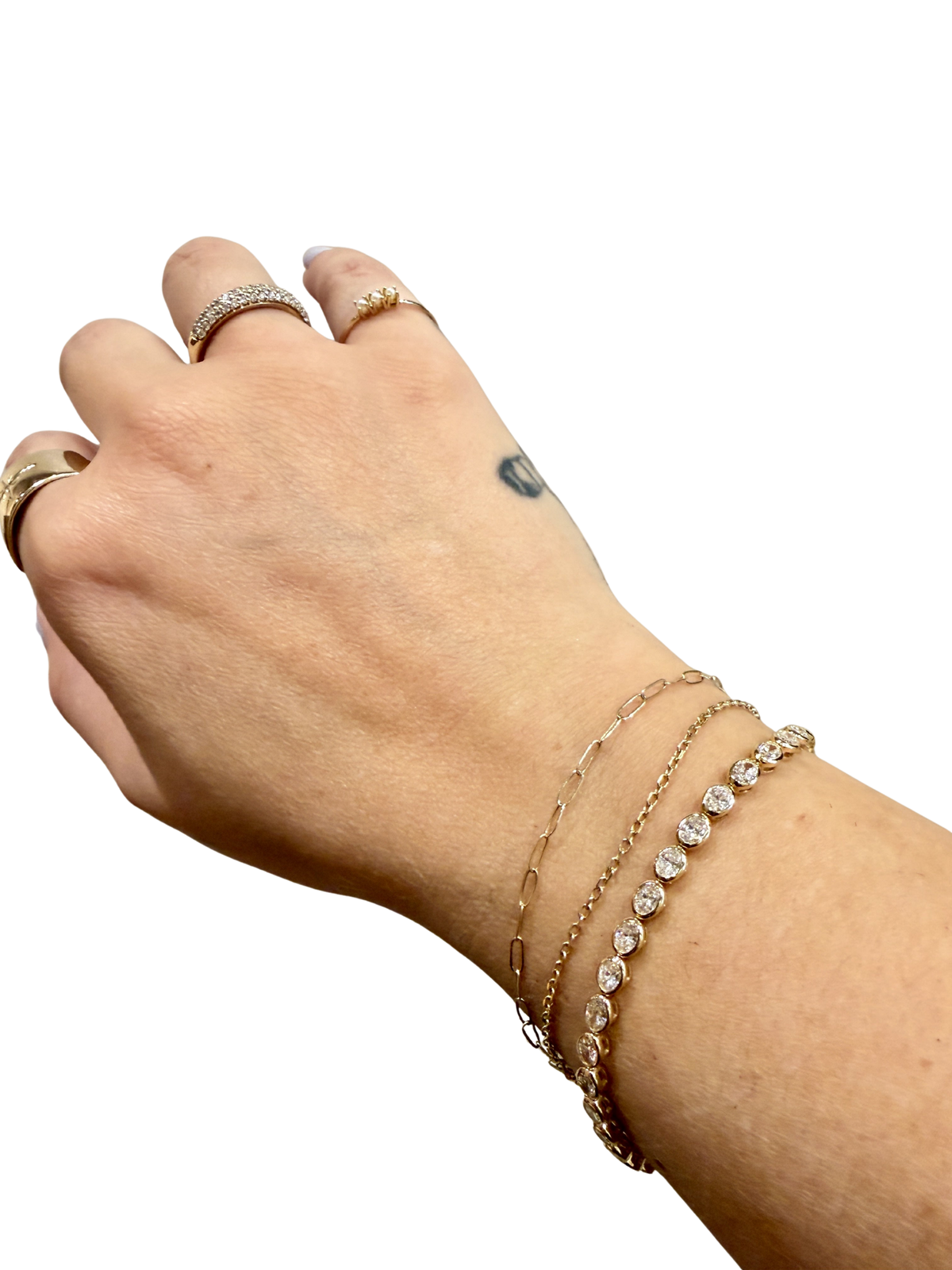 Oval Damsel Tennis Bracelet by Lane & Kate, bezel set oval diamonds worn stacked on the wrist