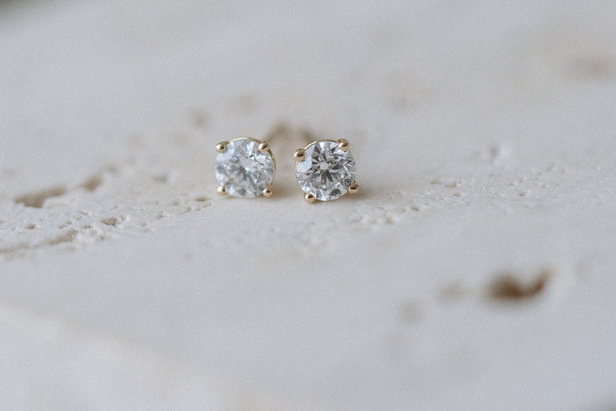 Classic Lab Diamond Earrings by Lane &amp; Kate, round diamond studs in 14kt gold four prong settings