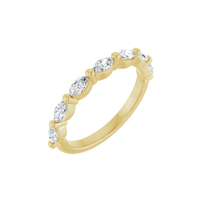 Marquise Gaze wedding band in 14kt yellow gold with prong set marquise diamonds, perspective view