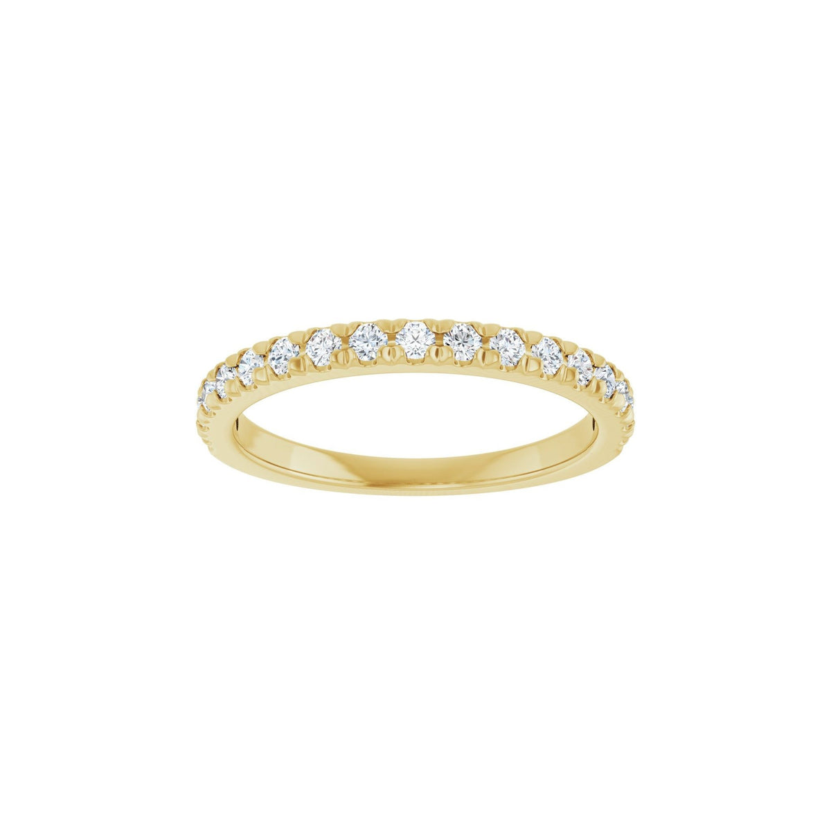 Classic Diamond wedding band in 14kt yellow gold with French set round diamonds, front view