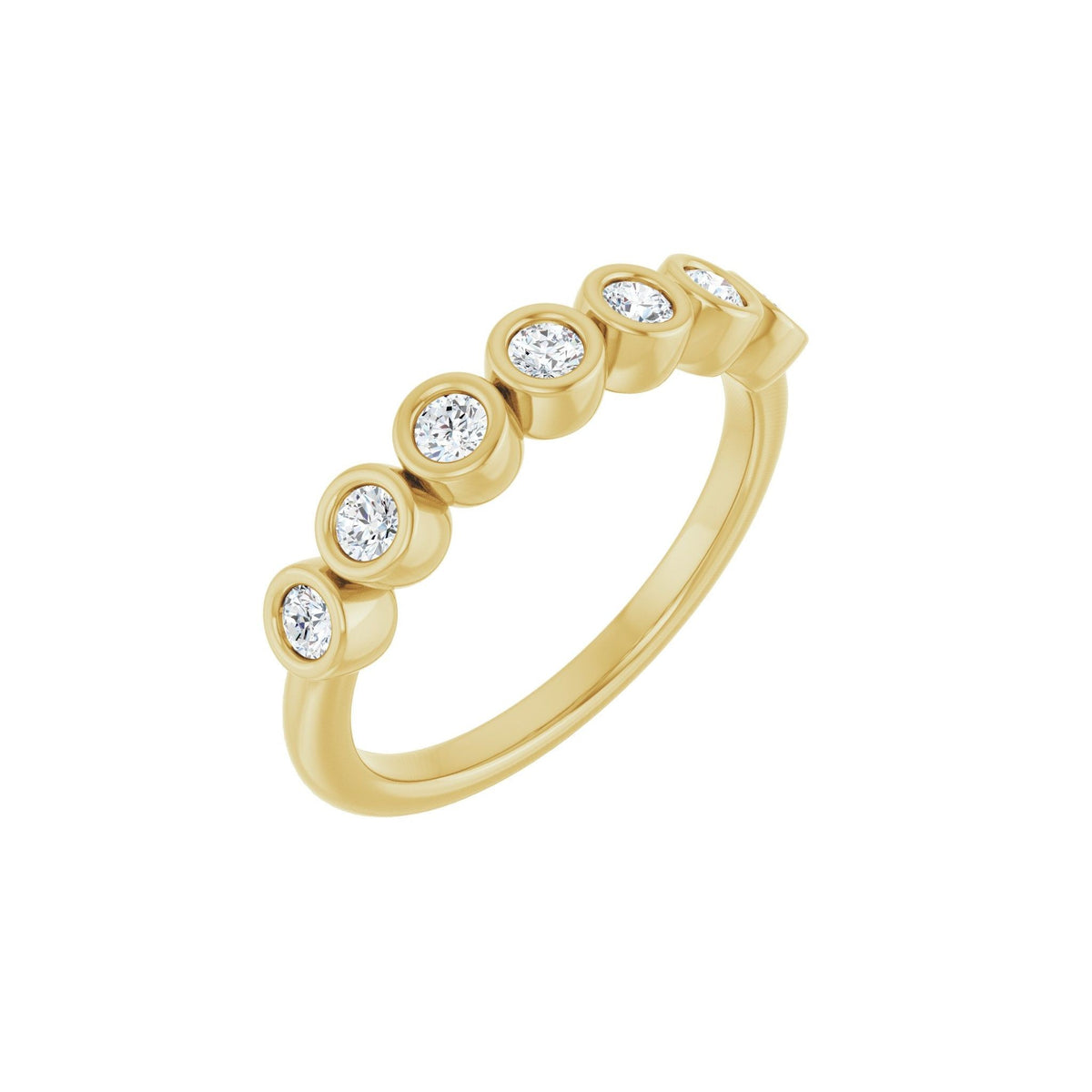 Diamond Deity wedding band in 14kt yellow gold with bezel set round diamonds, perspective view