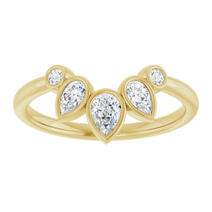 Marquise Rays Contour Wedding Band, front view of bezel set pear and round diamonds