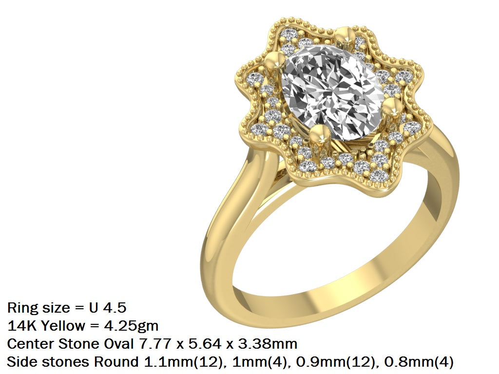 14kt Oval Deco Frame Engagement Ring
