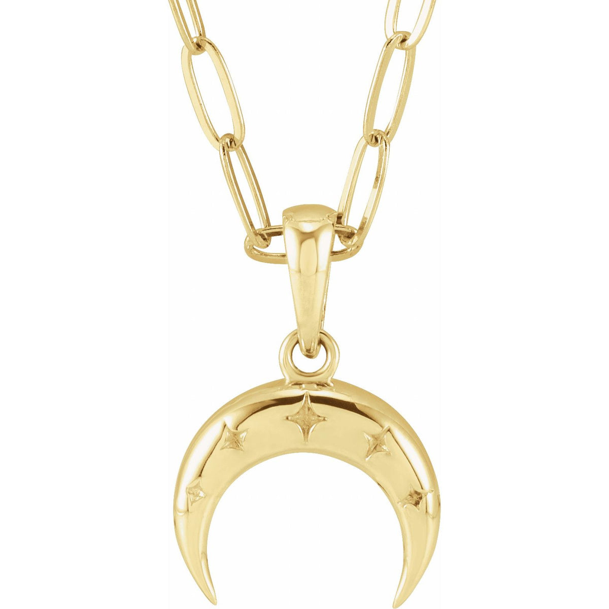 14kt yellow gold crescent moon pendant with engraved stars on a paperclip chain, front view