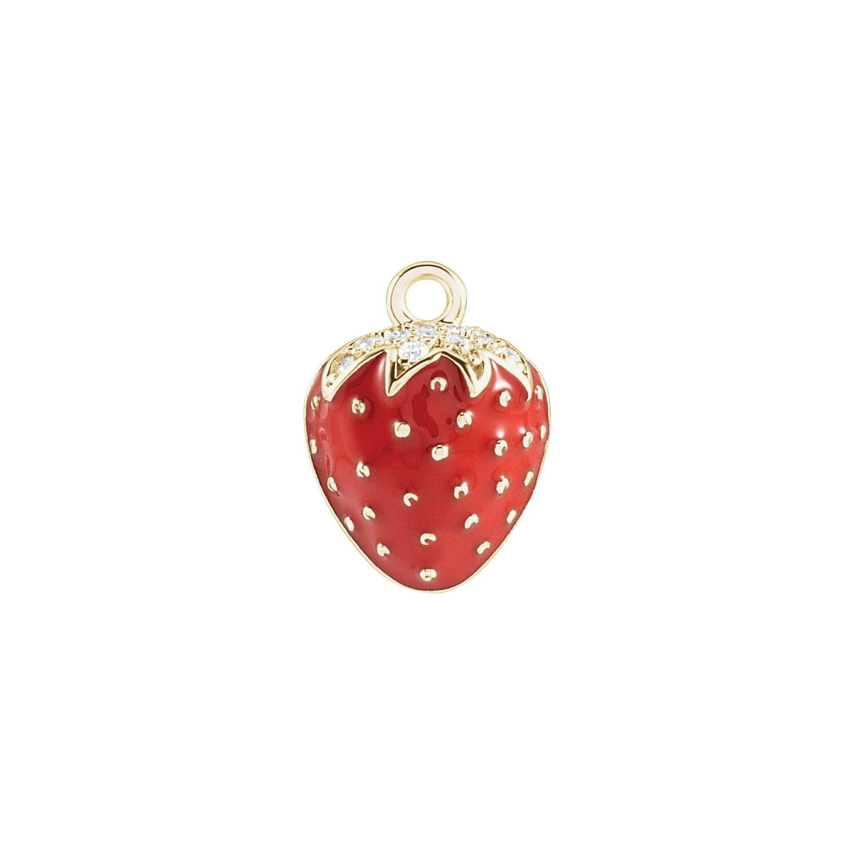 Strawberry Fields Charm, red enamel strawberry with diamonds in 14kt yellow gold