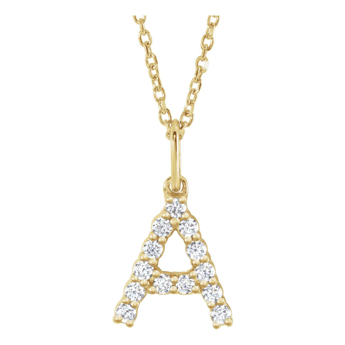 14kt yellow gold petite diamond initial A necklace on a cable chain, front view
