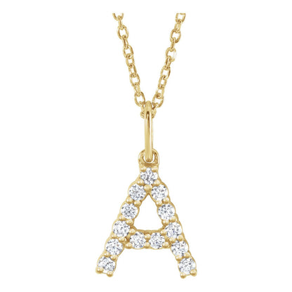 14kt yellow gold petite diamond initial A necklace on a cable chain, front view