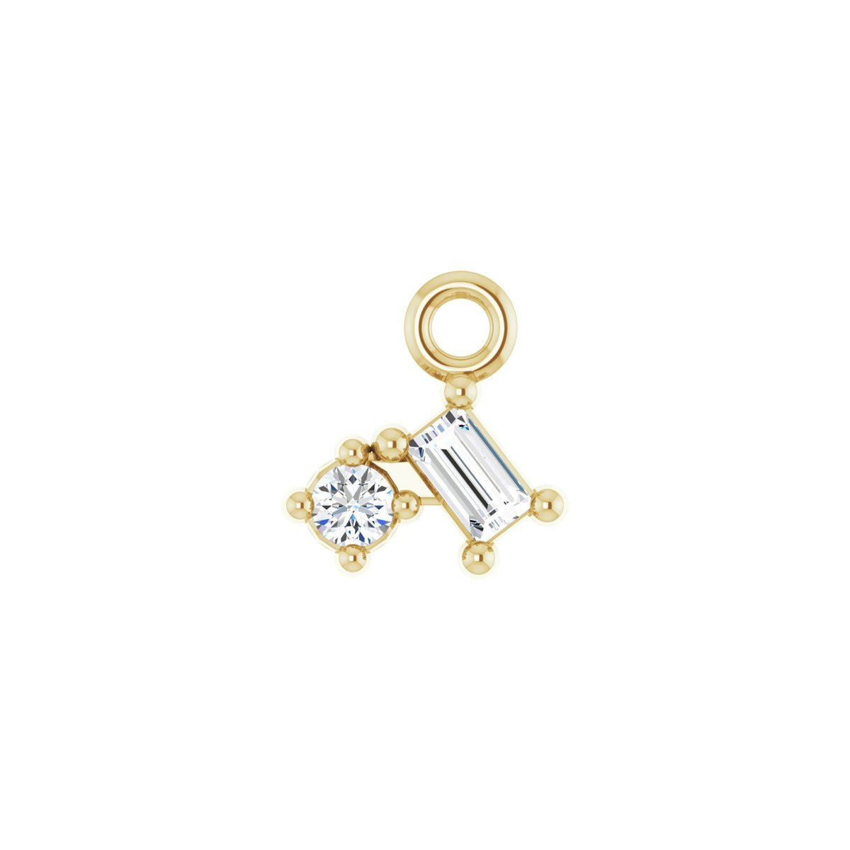 Kindly Ones baguette and round diamond charm in 14kt yellow gold, front view