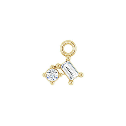 Kindly Ones baguette and round diamond charm in 14kt yellow gold, front view