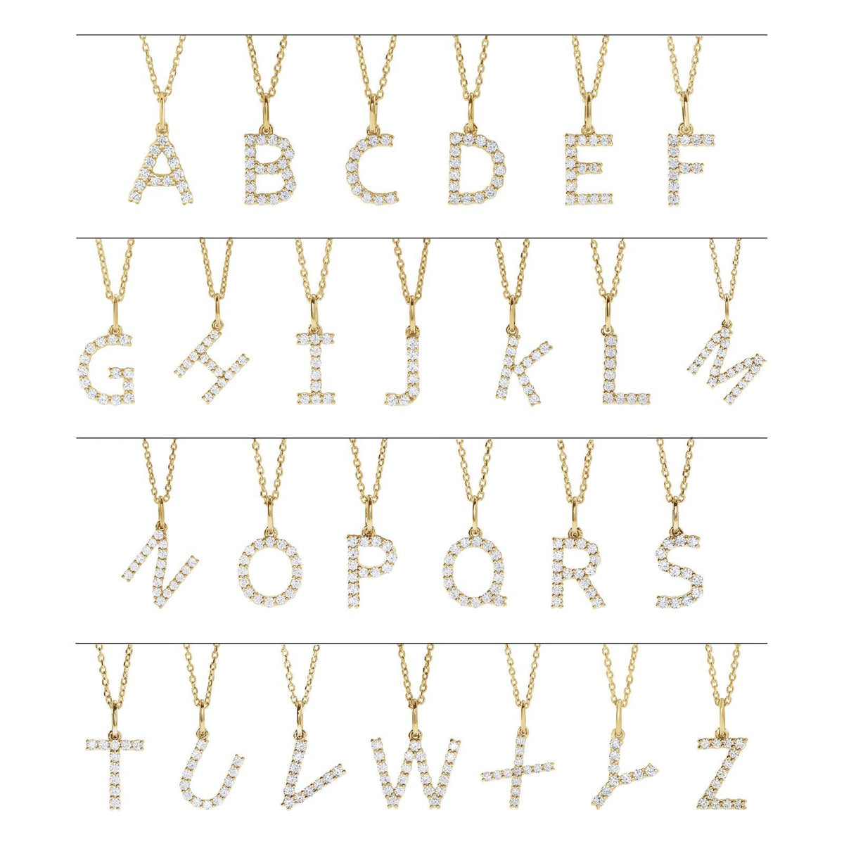 All 26 petite diamond initial necklace letters, A through Z, in 14kt yellow gold