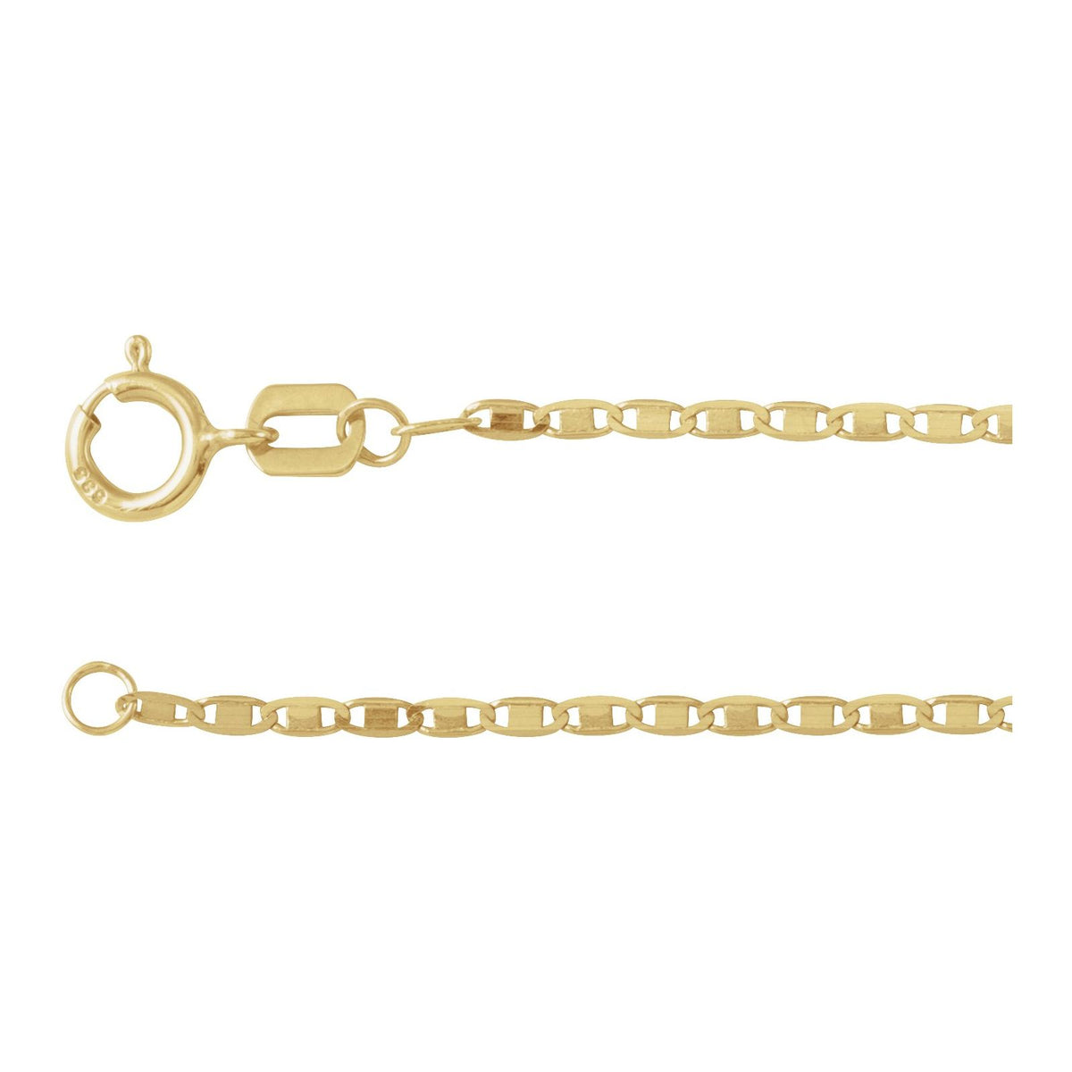 Close up of 14kt yellow gold mirror chain with spring ring clasp