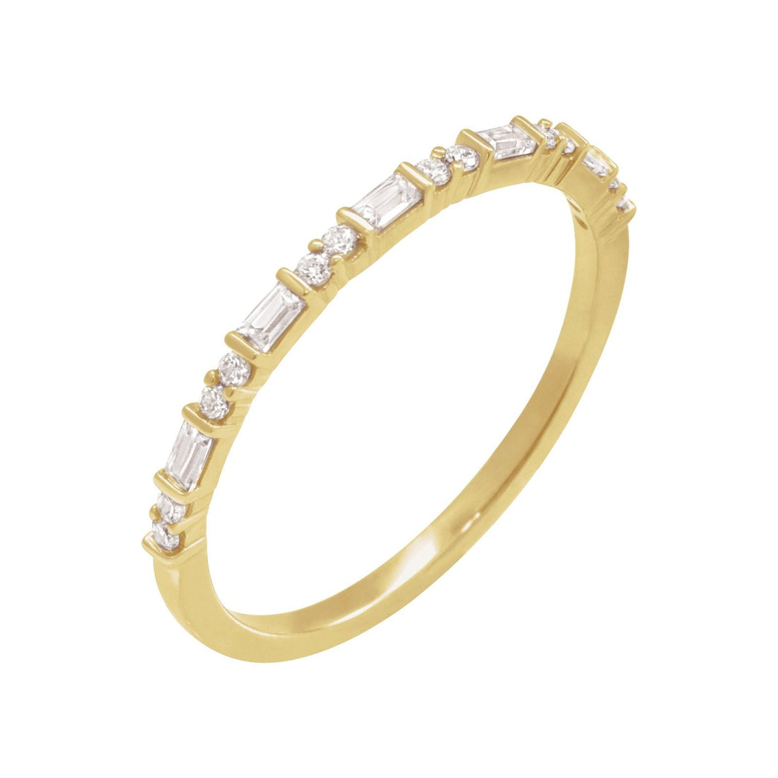 Baguette Daylight, baguette and round diamond band in 14kt yellow gold