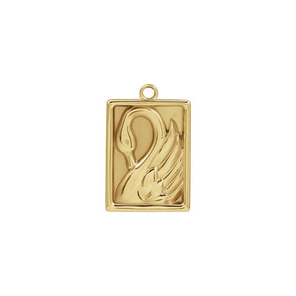 14kt yellow gold rectangular pendant with a raised swan design, front view
