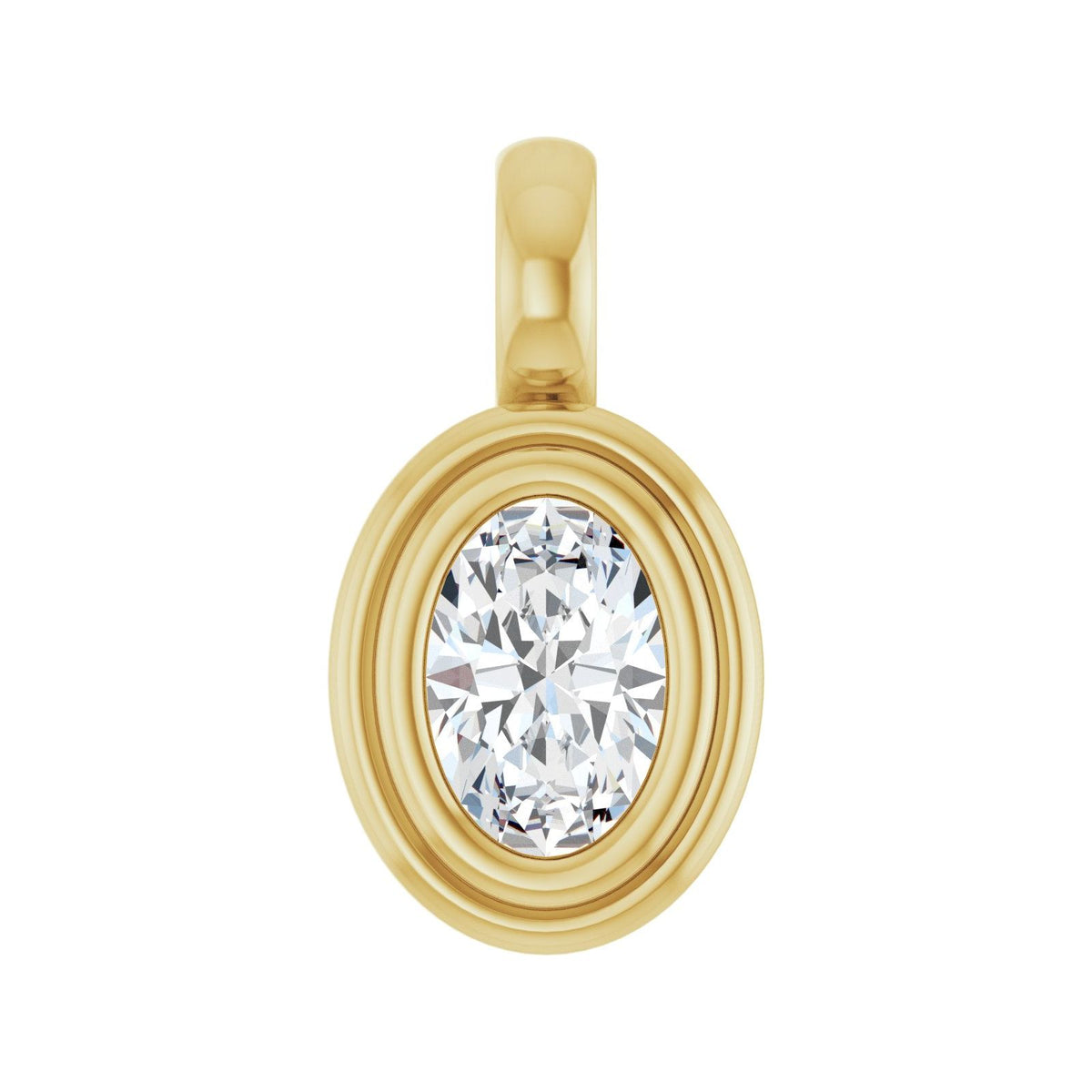 14kt yellow gold oval pendant with a bezel set oval lab grown diamond, front view