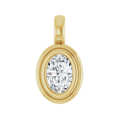 14kt yellow gold oval pendant with a bezel set oval lab grown diamond, front view