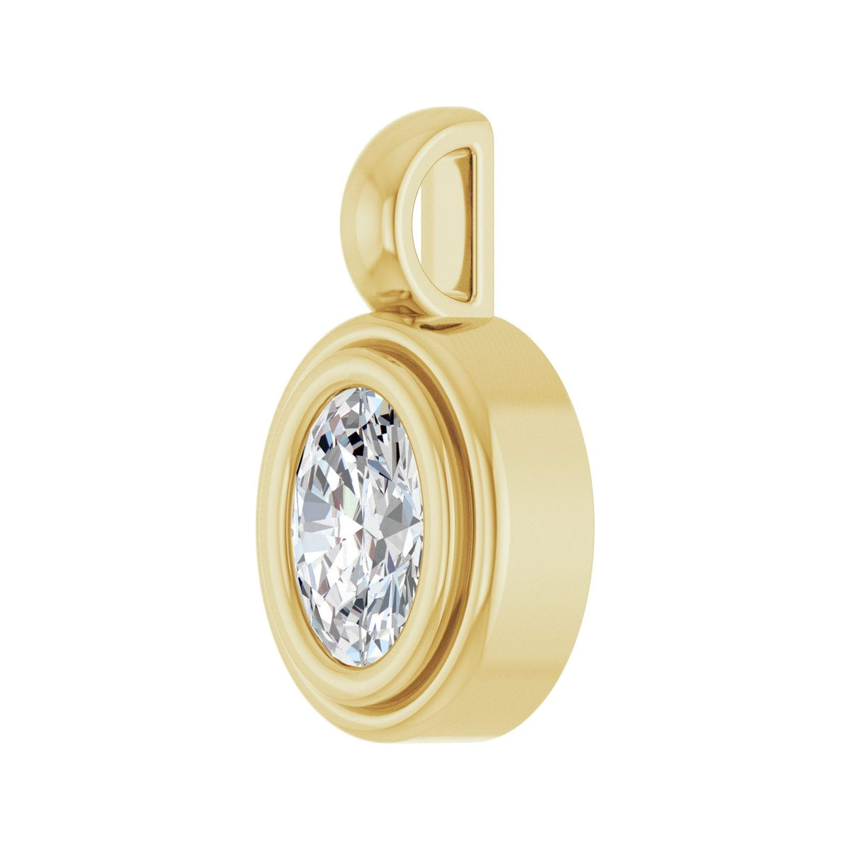 14kt yellow gold oval lab grown diamond bezel pendant, angled view