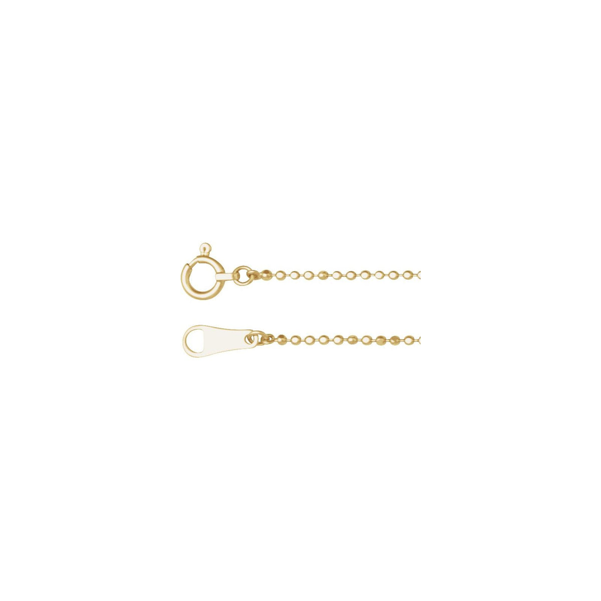 Close up of 10kt yellow gold diamond cut ball chain with spring ring clasp