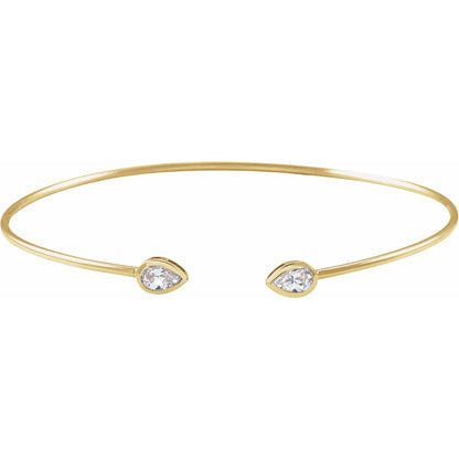 Pear Dew Drop Cuff Bracelet by Lane &amp; Kate, 14kt yellow gold open cuff with two bezel set pear diamonds, front view