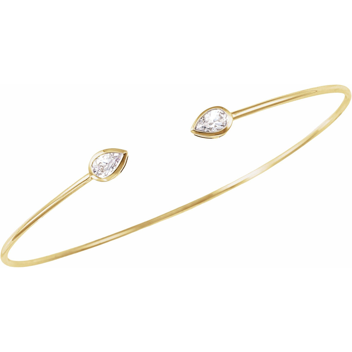 Pear Dew Drop Cuff Bracelet by Lane &amp; Kate, bezel set pear diamond open cuff, perspective view