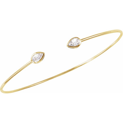 Pear Dew Drop Cuff Bracelet by Lane &amp; Kate, bezel set pear diamond open cuff, perspective view