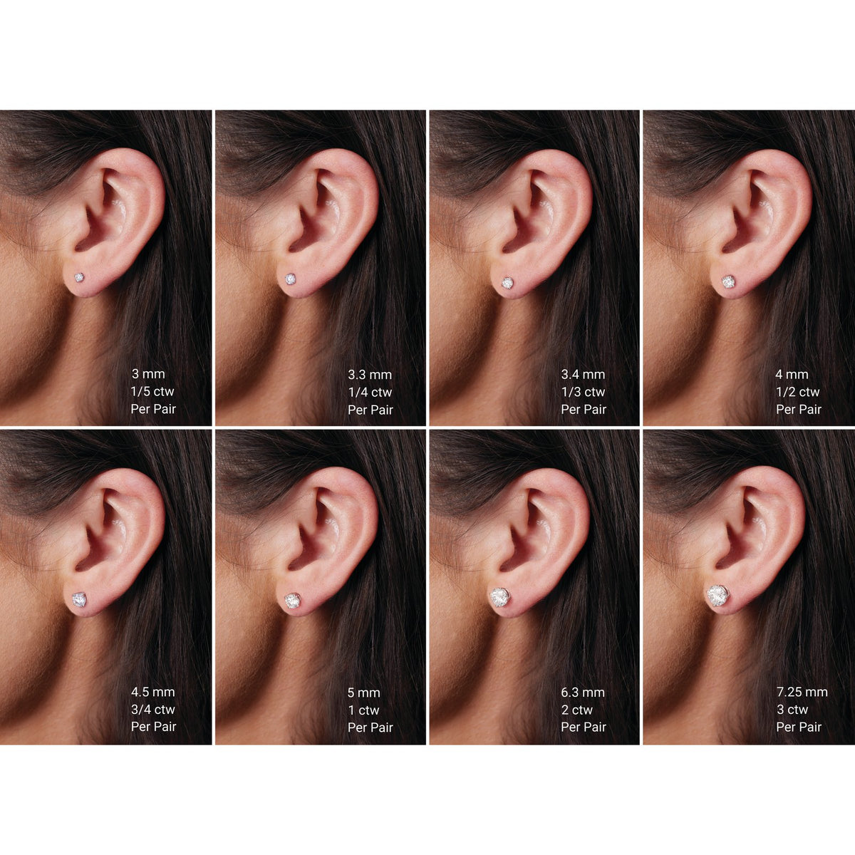 Diamond stud size guide on the ear, carat weights from 1/5ctw to 3ctw