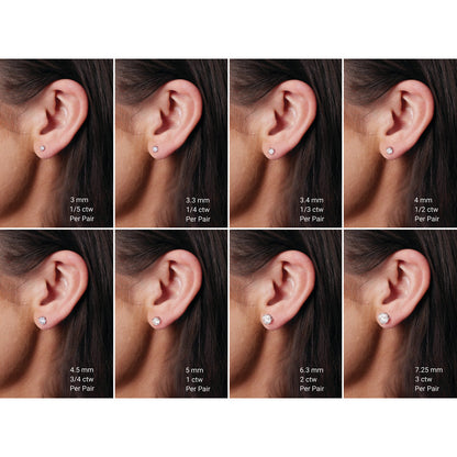 Diamond stud size guide on the ear, carat weights from 1/5ctw to 3ctw