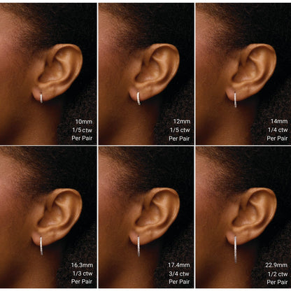 Diamond huggie size guide on the ear, 10mm to 22.9mm