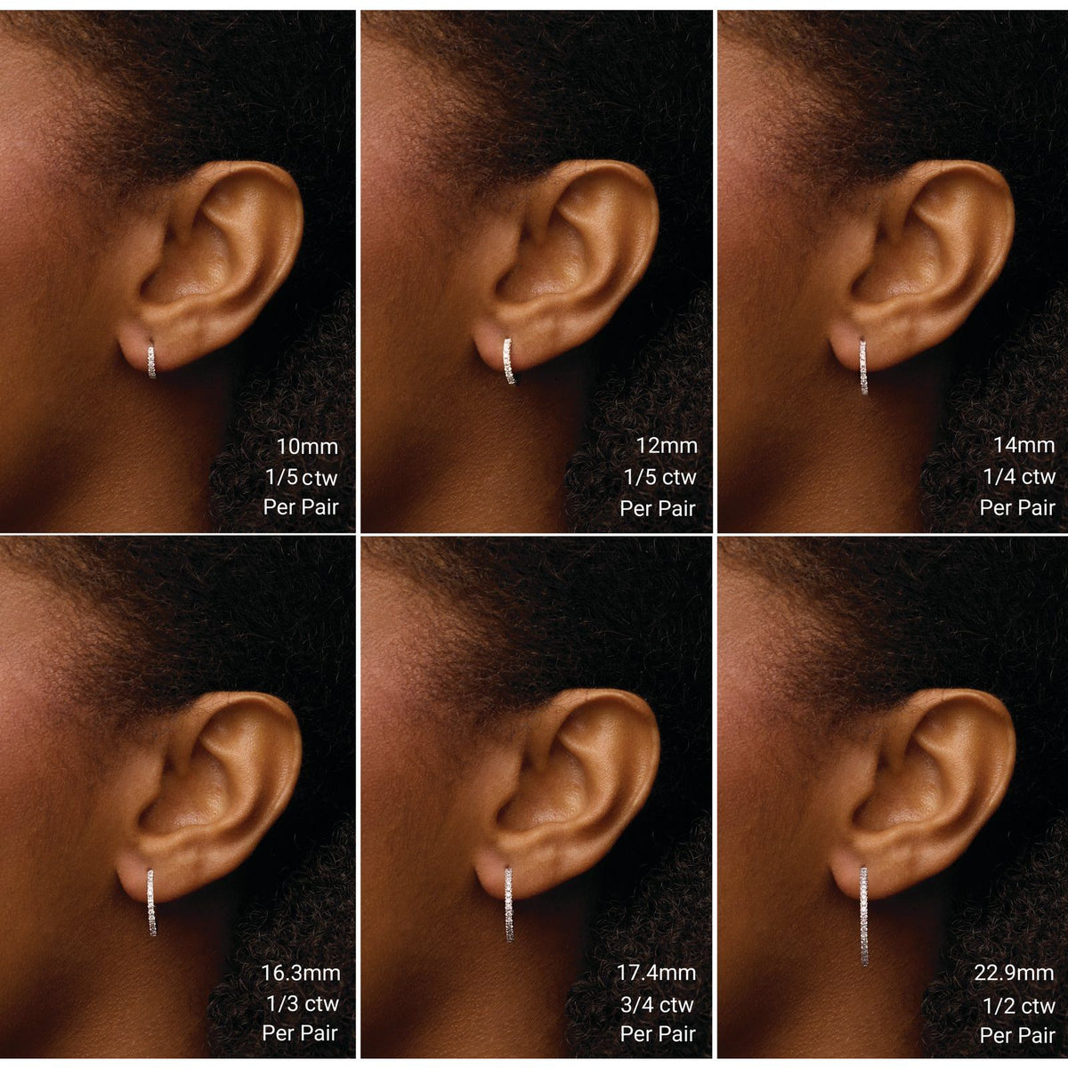 Diamond huggie size guide on the ear, 10mm to 22.9mm