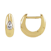 Pear Dewdrop Huggies in 14kt yellow gold with hinged closure, perspective view