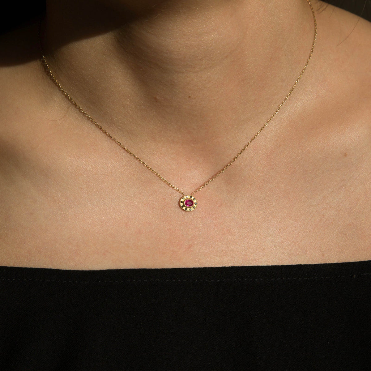 Jennie Kwon Ruby Halo Necklace styled layered