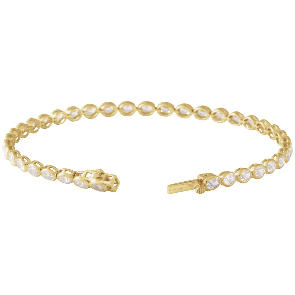 Oval Demur Tennis Bracelet in 14kt yellow gold with box clasp open, perspective view